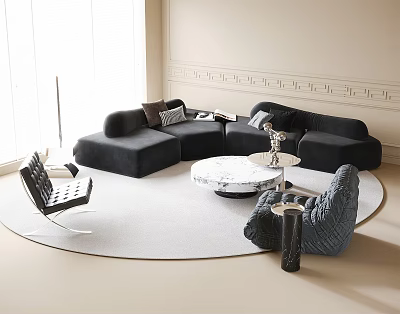 Modern Black Sofa And Coffee Table Set With Round Marble Top And Accent Chairs 3d model
