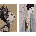 Art Illustrations of Women with Floral Tattoos Feather Hair Kimono and Bamboo