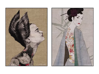 Art Illustrations of Women with Floral Tattoos Feather Hair Kimono and Bamboo 3d model