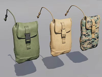 Three Camo And Solid Colored Outdoor Bags With Buckle Closure And Strap Design 3d model