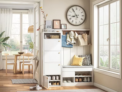 Cozy Entryway Shoe Cabinet With Hanging Clothes Bench Drawers And Shoe Compartments 3d model