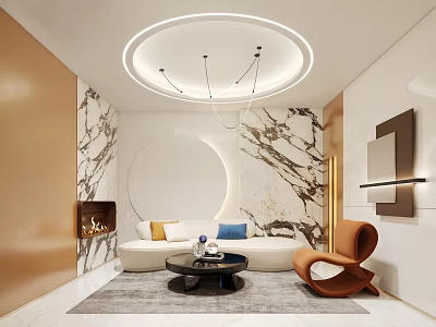 Modern Lounge Area Interior With Marble Walls Round Ceiling Light Sofa And Armchair 3d model