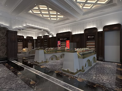 Luxury Mall Store Interior With Elegant Display Counters Marble Flooring And Chandelier Lighting 3d model