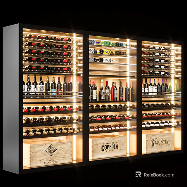 Modern Wine Cabinet With Illuminated Shelves And Glass Doors Filled With Wine Bottles 3d model 