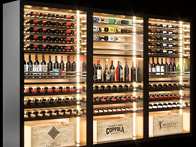 Modern Wine Cabinet With Illuminated Shelves And Glass Doors Filled With Wine Bottles 3d model