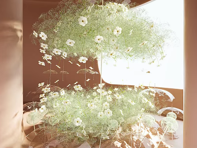 Art Installation With Hanging White Flowers And Green Foliage In Soft Indoor Lighting 3d model