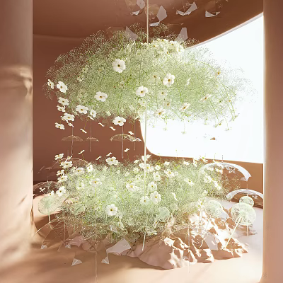 Art Installation With Hanging White Flowers And Green Foliage In Soft Indoor Lighting 3d model