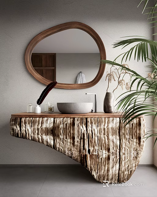 Natural Wood Washbasin Vanity With Round Mirror Gray Stone Basin And Green Plants 3d model 