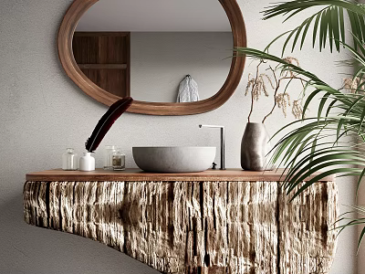 Natural Wood Washbasin Vanity With Round Mirror Gray Stone Basin And Green Plants 3d model