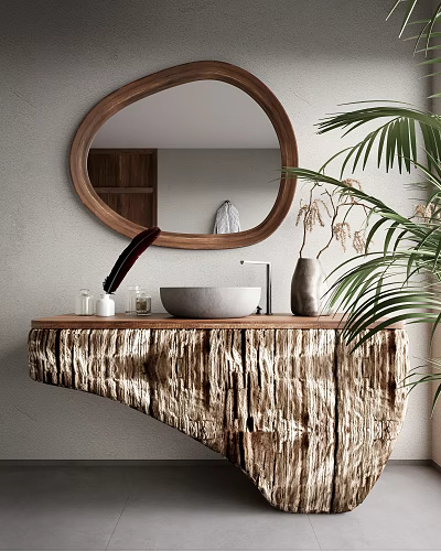Natural Wood Washbasin Vanity With Round Mirror Gray Stone Basin And Green Plants 3d model