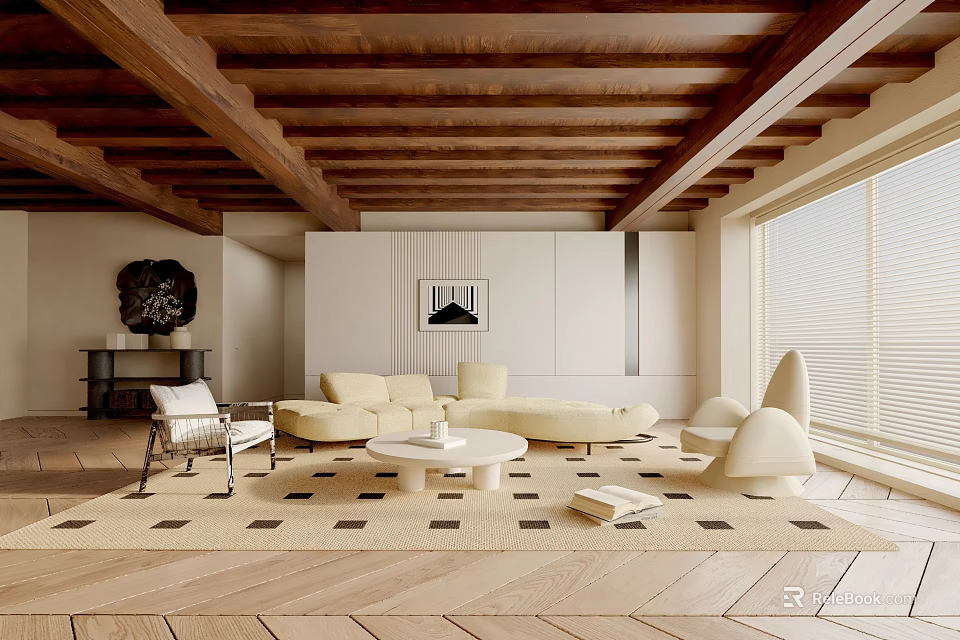 Spacious Living Room With Wooden Ceiling Beige Sofa Round Coffee Table And Area Rug 3d model 