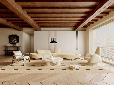 Spacious Living Room With Wooden Ceiling Beige Sofa Round Coffee Table And Area Rug 3d model