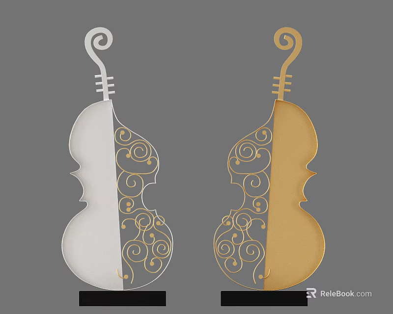 Decorative Ornament Set With Violin Shaped White And Gold Spiral Patterns Design 3d model 