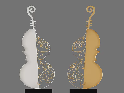 Decorative Ornament Set With Violin Shaped White And Gold Spiral Patterns Design 3d model