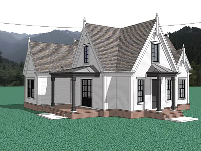 Detached Villa With White Exterior Gray Roof Porch And Green Lawn Mountain Backdrop 3d model