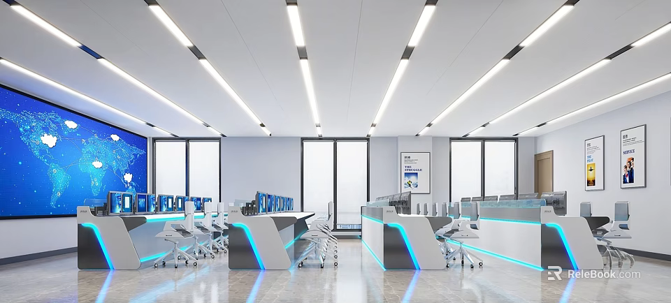 Modern Control Room Interior With Multiple Monitoring Screens Control Desks Ergonomic Chairs And Sleek Lighting 3d model 