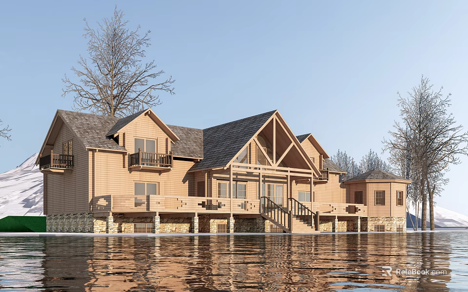Wooden Waterfront Visitor Center Featuring Surrounding Trees Sloped Roof Balconies and Terrace 3d model 