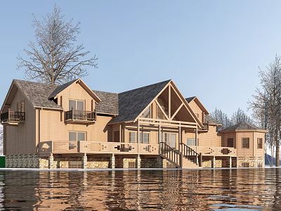 Wooden Waterfront Visitor Center Featuring Surrounding Trees Sloped Roof Balconies and Terrace 3d model