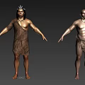 Two Men In Primitive Tribal Attire With Headdress And Animal Skin Clothing