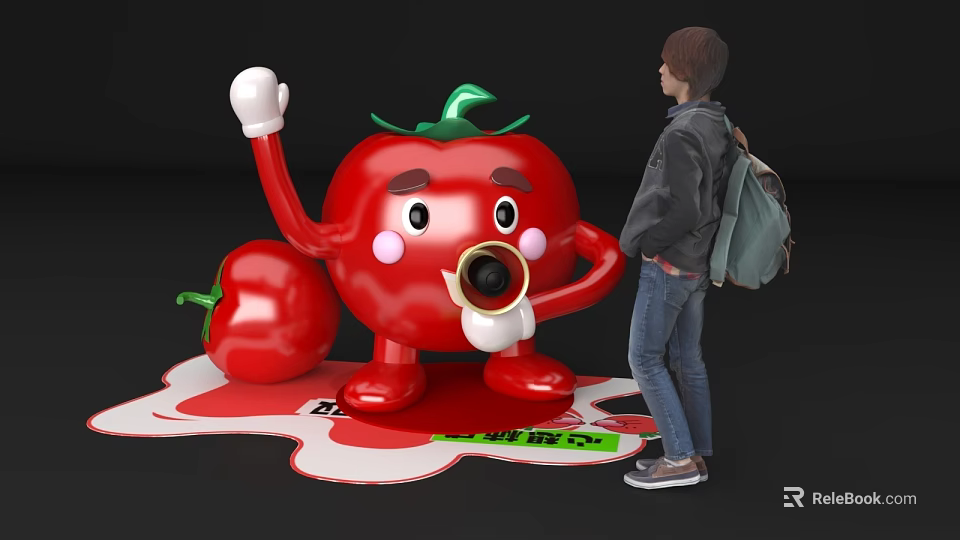 Cartoon Tomato Themed Photo Spot with Smiling Face Green Leaves White Glove and Small Tomato 3d model 