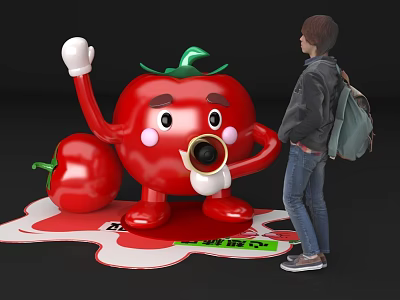 Cartoon Tomato Themed Photo Spot with Smiling Face Green Leaves White Glove and Small Tomato 3d model