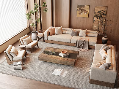 Cozy Living Room Sofa and Coffee Table Set with Pillows Armchairs and Area Rug 3d model