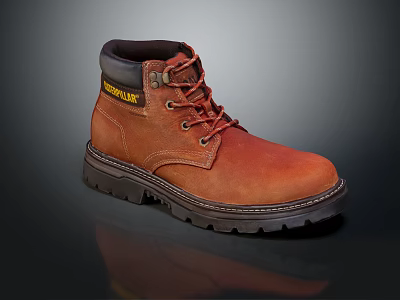 Brown Leather Lace Up Work Boots With Thick Sole And Yellow Label 3d model