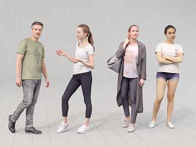 Group of Four People Standing in Various Poses With Casual Outfits 3d model