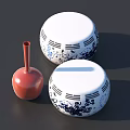Elegant Ceramic Wares with White Blue Patterned Bodies and Red Spherical Shape 3d model