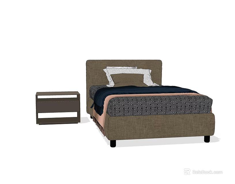 Modern Brown Upholstered Single Bed With Nightstand Pillows And Bedding 3d model