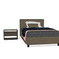 Modern Brown Upholstered Single Bed With Nightstand Pillows And Bedding 3d model