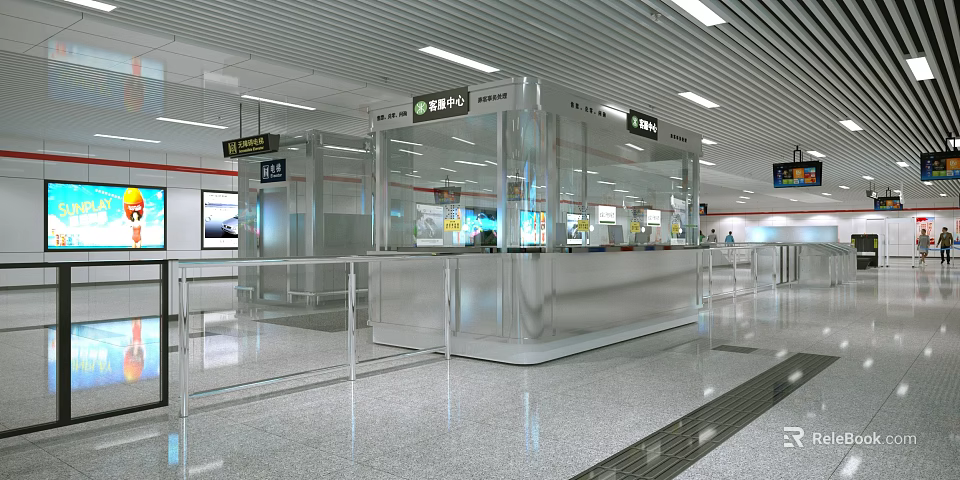 Modern Metro Station Interior Design With Service Counter Signage Bright Lighting And Polished Floor 3d model 