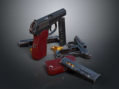 Black Pistol With Red Grip Disassembled Parts Including Magazine And Barrel Detailed Close Up View 3d model