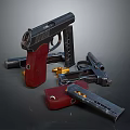 Black Pistol With Red Grip Disassembled Parts Including Magazine And Barrel Detailed Close Up View