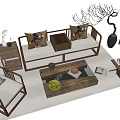 Wooden Sofa and Coffee Table Set With Decorative Pillows Side Table and Decor Items 3d model