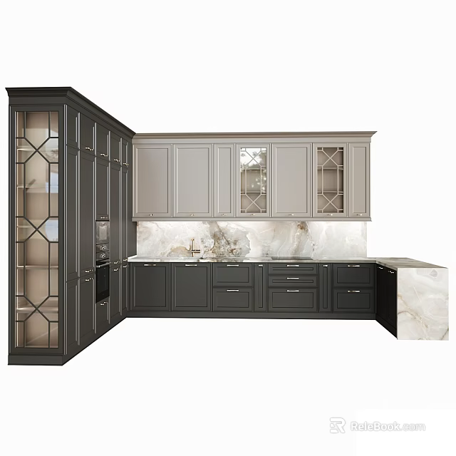 Dark And Light Gray Kitchen Cabinets With Glass Doors And Marble Countertop 3d model 