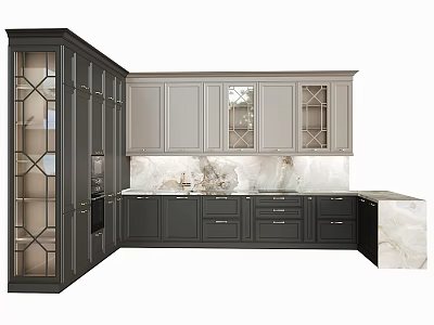 Dark And Light Gray Kitchen Cabinets With Glass Doors And Marble Countertop 3d model