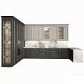 Dark And Light Gray Kitchen Cabinets With Glass Doors And Marble Countertop