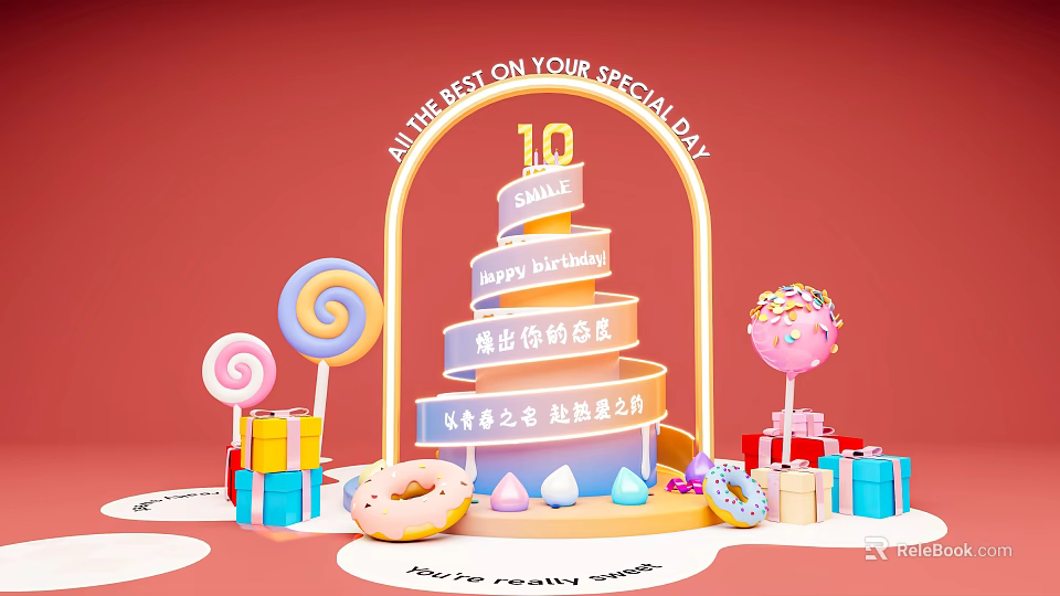 Colorful Birthday Art Installation with Spiral Structure Candies Gifts and Neon Lights on Pink Background 3d model 