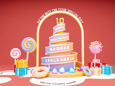 Colorful Birthday Art Installation with Spiral Structure Candies Gifts and Neon Lights on Pink Background 3d model