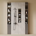 Stylish Modern Bathroom Interior With Showerhead Wall Shelves Towels And Toiletries