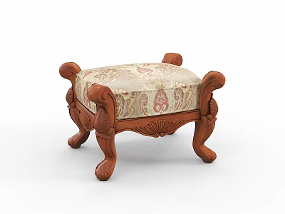 Traditional Wooden Sofa Stool With Carved Legs And Patterned Fabric Cushion 3d model