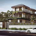 Modern Two Story Townhouse Exterior With Balconies Greenery Surrounding Trees And Stone Fence