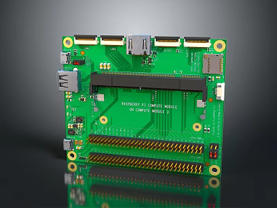 Detailed View Of Computer Circuit Board With Green Surface Multiple Ports Slots And Components 3d model