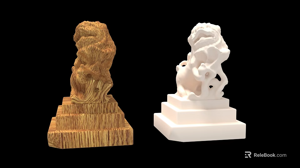 Traditional Ancient Architecture Stone Lion Carvings with Wooden and White Bases 3d model 