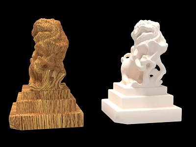 Traditional Ancient Architecture Stone Lion Carvings with Wooden and White Bases 3d model