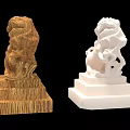 Traditional Ancient Architecture Stone Lion Carvings with Wooden and White Bases