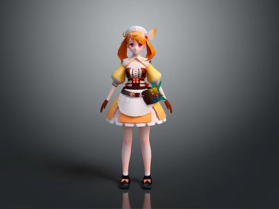 Game Anime Character With Orange Hair White Hat And Yellow Top Holding Vegetable Basket 3d model
