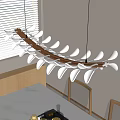 Stylish Modern Chandelier with Curved Wooden Frame and White Petal Shades in Dining Room
