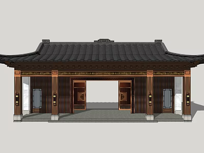 Traditional Chinese Entrance Gate With Black Tiled Roof And Wooden Decorative Structure 3d model